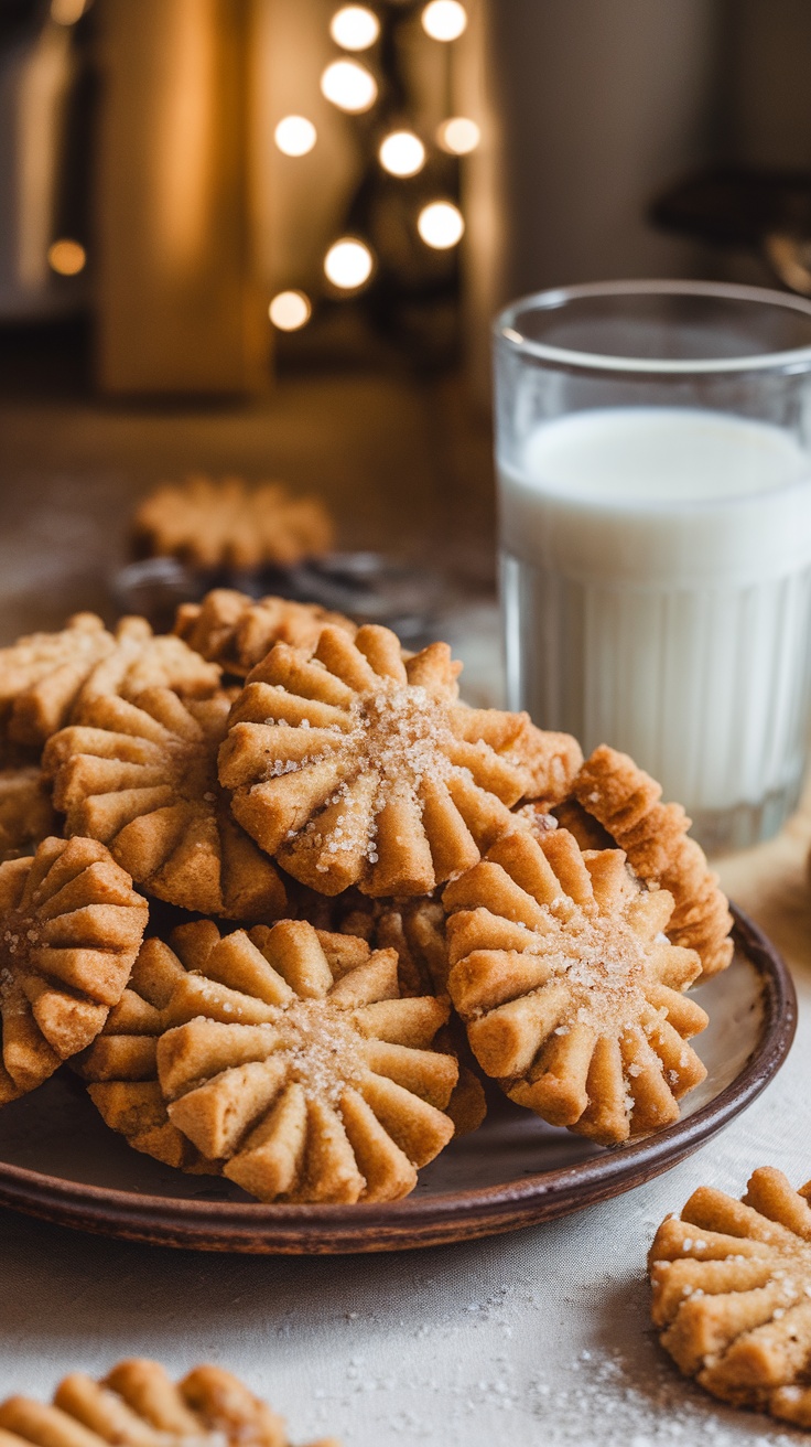 A delicious plate of 3-Ingredient Peanut Butter Cookies with a glass of milk, set in a cozy kitchen.